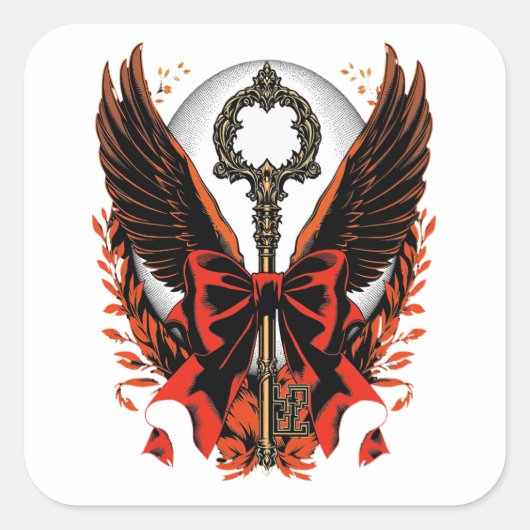 Gothic Velvet Bow Key met vleugels en maan Vierkante Sticker (Voorkant)