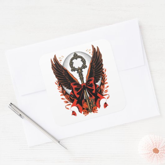Gothic Velvet Bow Key met vleugels en maan Vierkante Sticker (Envelop)