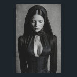 Gothic Velvet Hooded Portrait Closed Eyes Poster<br><div class="desc">A mesmerizing black-and-white portrait shows a woman with eyes softly closed beneath a deep velvet hood. Sleek dark hair parts down the center while an elaborate high-necked gothic gown with structured corset and plunging neckline accentuates her graceful form. Intricate metallic details and ornate earrings add subtle luxury against a textured...</div>