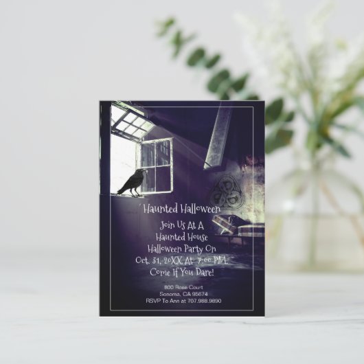 Gothic verlaten huis raaf skeletsleutel Halloween Uitnodiging Briefkaart (Staand voorkant)