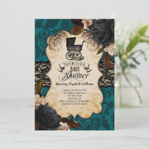 Gothic Victoriaans Blauwgroen Blauw Baby shower Ui Kaart