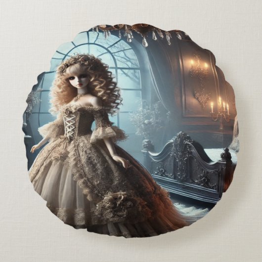Gothic Victoriaans Doll – Enchanted Dark Rond Kussen (Voorkant)