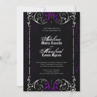 Gothic Victoriaans Halloween Paars Wedding Invite Kaart