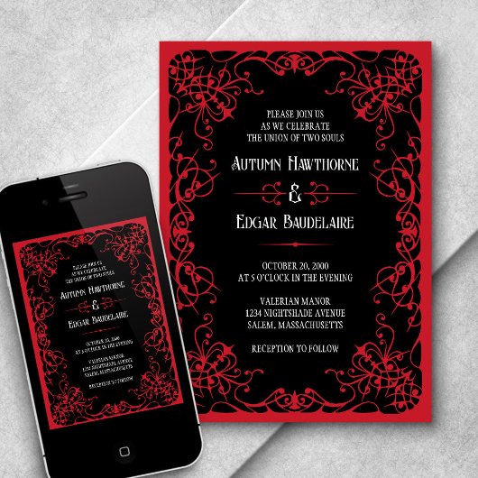 Gothic Victoriaans Rood Zwart Bruiloft Uitnodiging