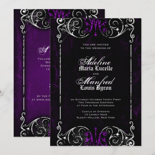Gothic Victoriaans Spooky Paars Wedding Invite Kaart (Voorkant / Achterkant)
