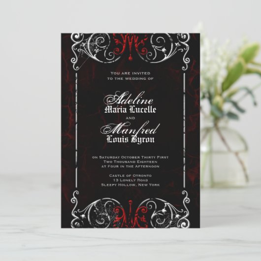 Gothic Victoriaans Spooky Red, Black & White Weddi Kaart (Staand voorkant)