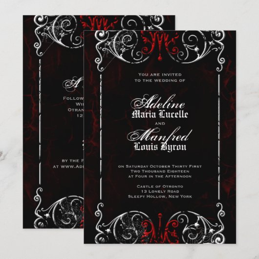 Gothic Victoriaans Spooky Red, Black & White Weddi Kaart (Voorkant / Achterkant)