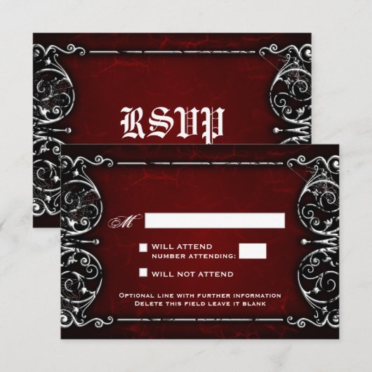 Gothic Victoriaans Spooky Red & White Wedding RSVP Kaartje (Voorkant / Achterkant)