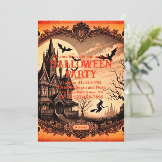 Gothic Victoriaanse Gehekst Huis Halloween Feest Kaart (Staand voorkant)