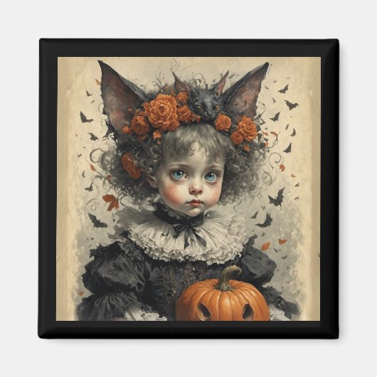 Gothic Victorian Girl Bat Ears & Pumpkin Halloween Magneet (Voorkant)