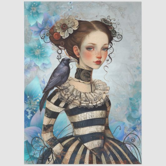 Gothic Victorian Girl & Raven Teal Florals Tissuepapier (Voorkant)