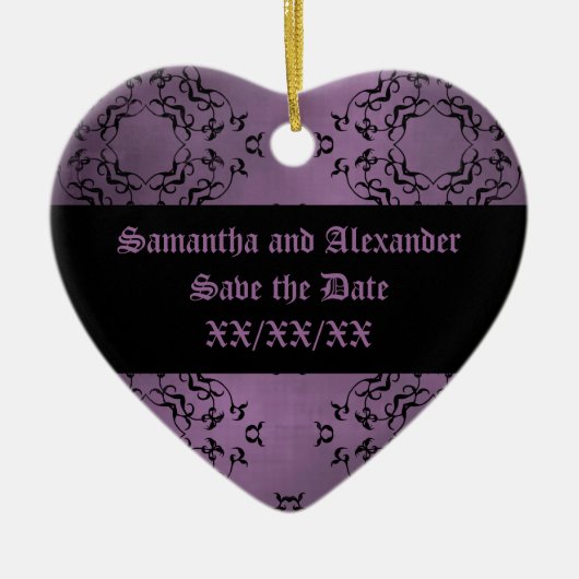 Gothic vies paarse damast casual Save the Date Keramisch Ornament (Voorkant)