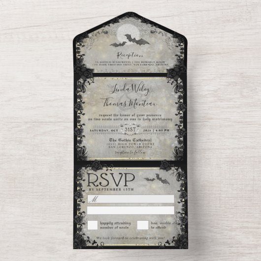 Gothic vleermuizen grijs elegante Halloween-huweli All In One Uitnodiging (Binnen)