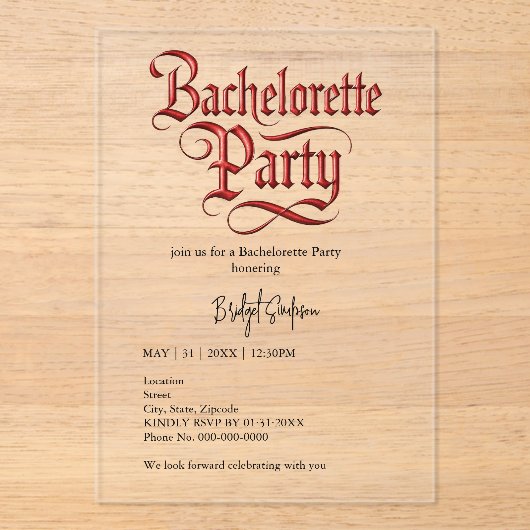 gothic vrijgezellenfeest - Red Metallic Script Acryl Uitnodigingen (Voorkant)