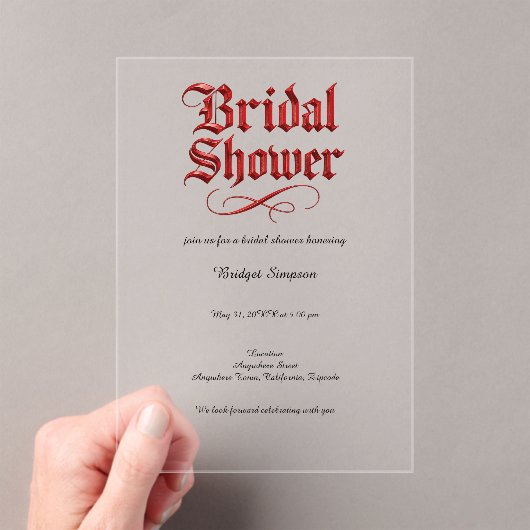 Gothic vrijgezellenfeest Red Metallic Script Acryl Uitnodigingen (Insitu (Draagbaar))