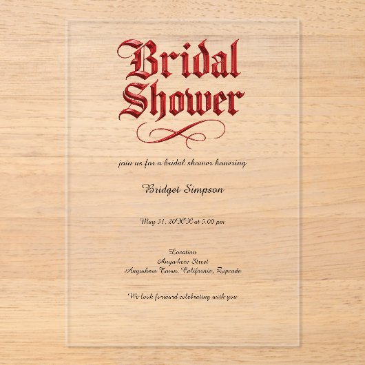 Gothic vrijgezellenfeest Red Metallic Script Acryl Uitnodigingen (Voorkant)