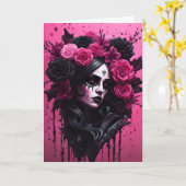 Gothic Vrouw Roze en Zwarte Valentijn Kaart (Gele Bloem)