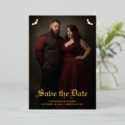 Gothic Wedding Bats Full Photo Save the Date Folie Uitnodiging (Staand Voorkant)
