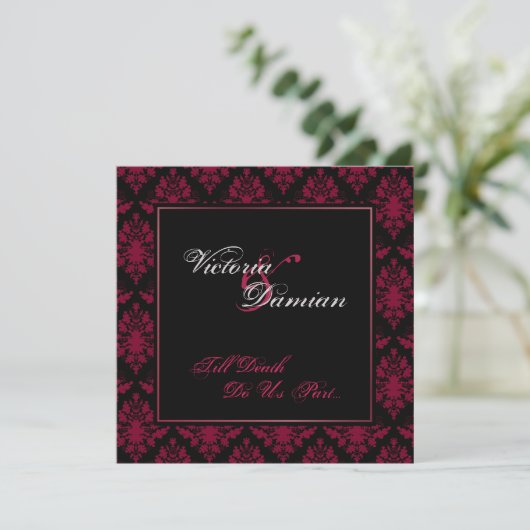 Gothic Wedding Black & Red Damask Kaart (Staand voorkant)
