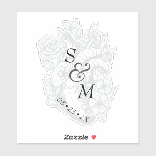 Gothic Wedding Date White Spooky Heart Monogram Sticker (Vel)