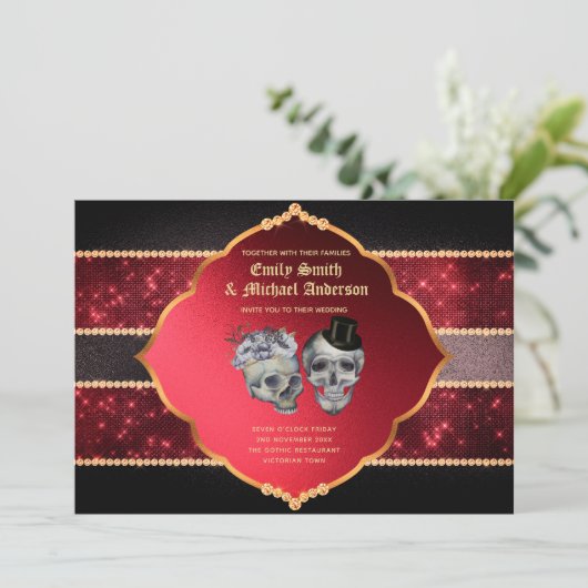 Gothic Wedding Deep Red Grey Gold Skulls Kaart (Staand voorkant)