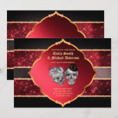 Gothic Wedding Deep Red Grey Gold Skulls Kaart (Voorkant / Achterkant)