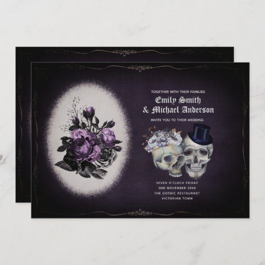 Gothic Wedding  Floral Paarse Skulls Kaart (Voorkant / Achterkant)