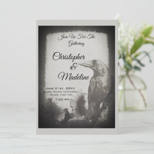 Gothic Wedding Invitation Crow Witch Gothic Black Kaart (Staand voorkant)