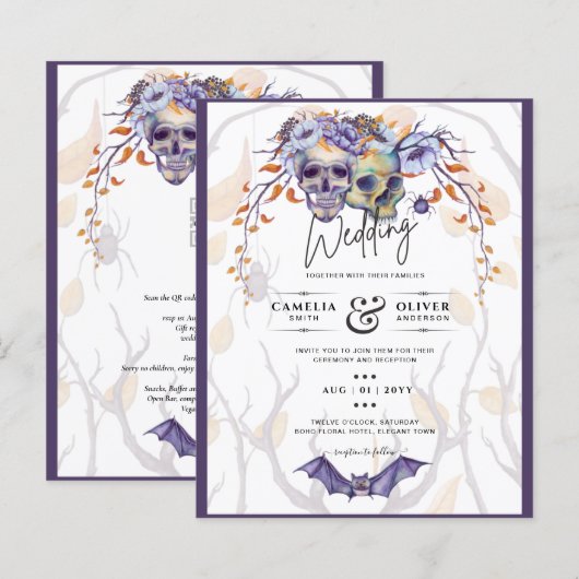 Gothic Wedding Invitation Paarse Oranje Skulls (Voorkant / Achterkant)