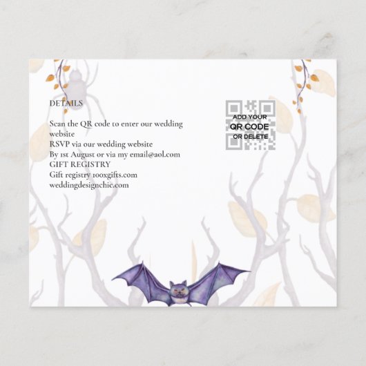 Gothic Wedding Invitation Paarse Oranje Skulls (Achterkant)