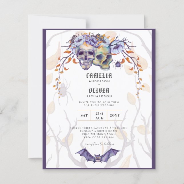 Gothic Wedding Invitation Paarse Oranje Skulls (Voorkant)