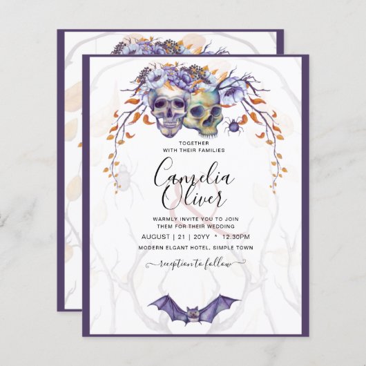Gothic Wedding Invitation Paarse Oranje Skulls (Voorkant / Achterkant)
