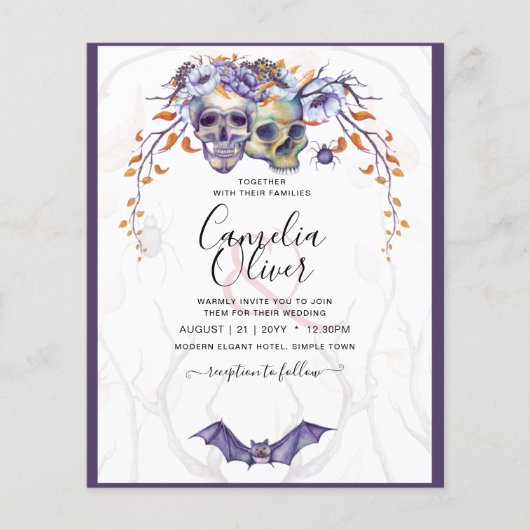 Gothic Wedding Invitation Paarse Oranje Skulls (Voorkant)