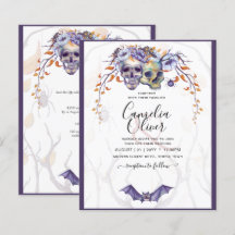 Gothic Wedding Invitation Paarse Oranje Skulls