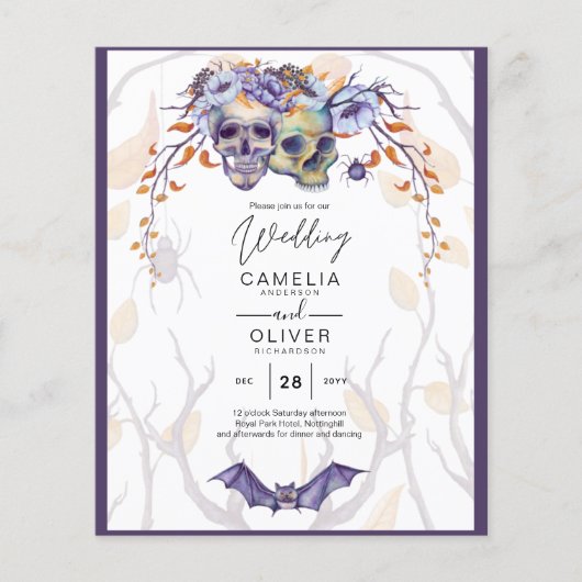 Gothic Wedding Invitation Paarse Oranje Skulls Flyer (Voorkant)