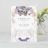 Gothic Wedding Invitation Paarse Oranje Skulls Kaart (Staand voorkant)