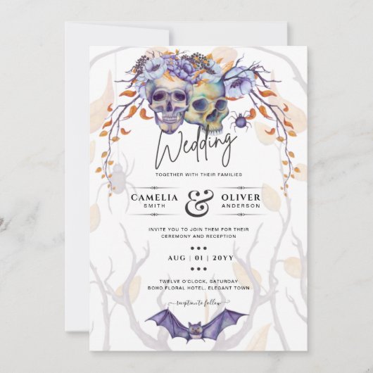 Gothic Wedding Invitation Paarse Oranje Skulls Kaart (Voorkant)