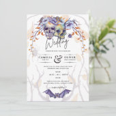 Gothic Wedding Invitation Paarse Oranje Skulls Kaart (Staand voorkant)