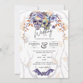 Gothic Wedding Invitation Paarse Oranje Skulls Kaart