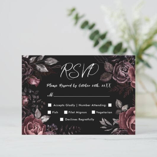 Gothic Wedding RSVP Zwart Donker  Bloemen (Staand voorkant)