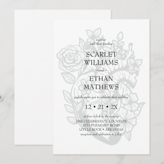 Gothic White Wedding Modern Elegant Floral Heart Kaart (Voorkant / Achterkant)