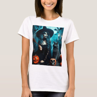 Gothic witch black cat halloween t-shirt