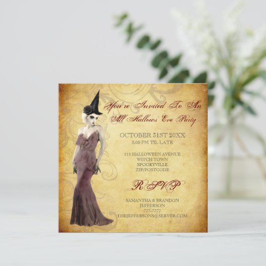 Gothic Witch Halloween Party Invitation Kaart (Staand voorkant)