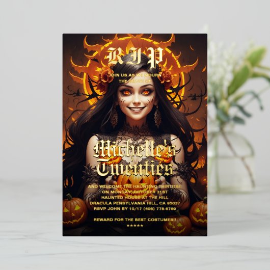 Gothic Witch Jack o' Lantern Halloween Verjaardag Folie Uitnodiging (Staand Voorkant)