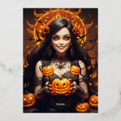 Gothic Witch Jack o' Lantern Halloween Verjaardag Folie Uitnodiging (Achterkant)