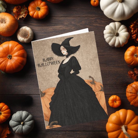 Gothic Witch Pumpkin Halloween Elegant Art Nouveau Kaart
