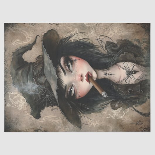 Gothic Witch Smoking Cigar Halloween Decoupage Tissuepapier (Voorkant)