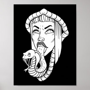 Gothic Woman Black White Snake Tongue Illustration Poster
