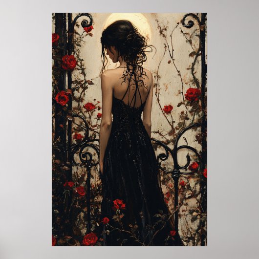 Gothic Woman in Black Dress Among Red Roses Poster (Voorkant)