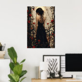 Gothic Woman in Black Dress Among Red Roses Poster (Thuiskantoor)